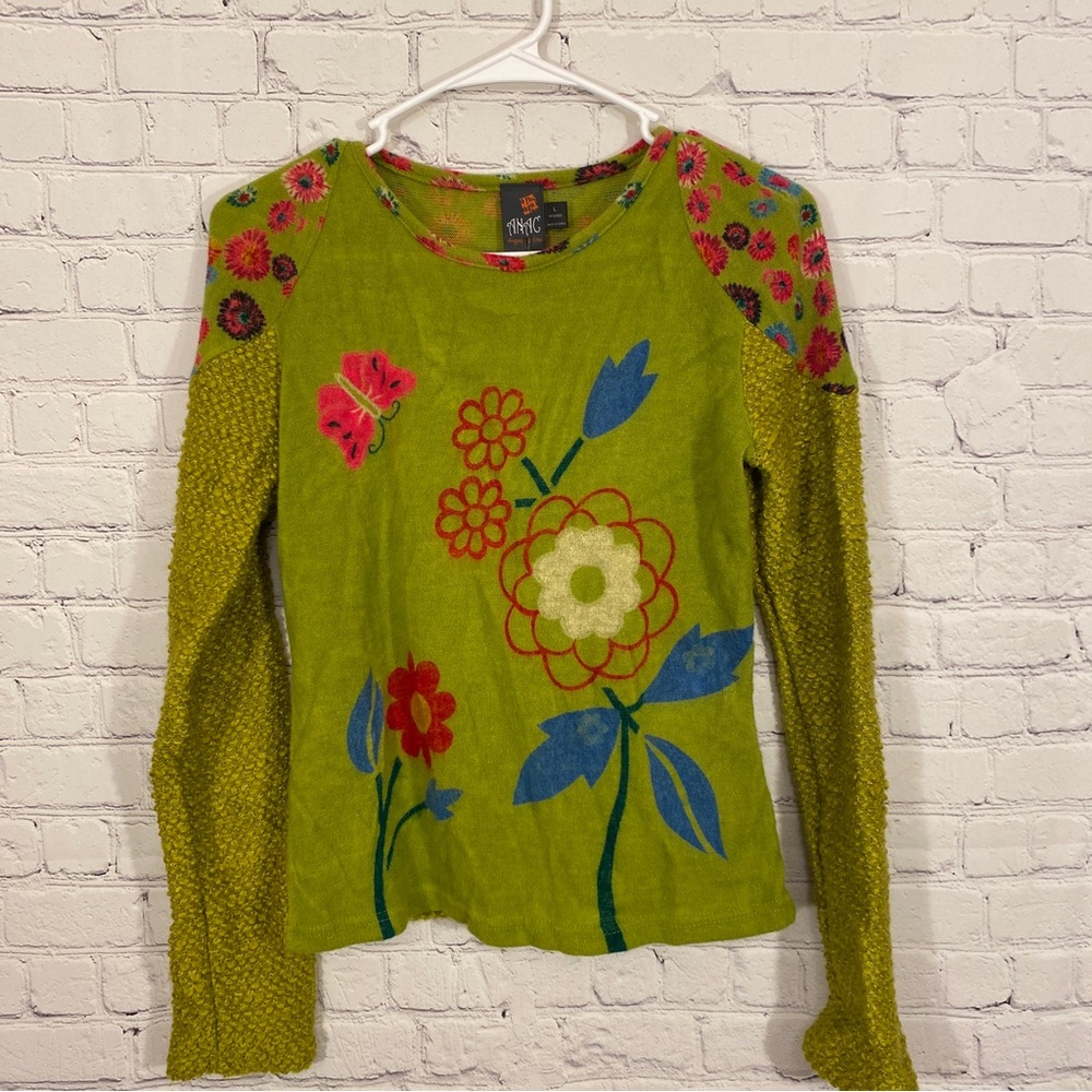 Anac by Kimi Womens Sweater Large Green Floral Long Sleeve Acrylic Blend NWT
